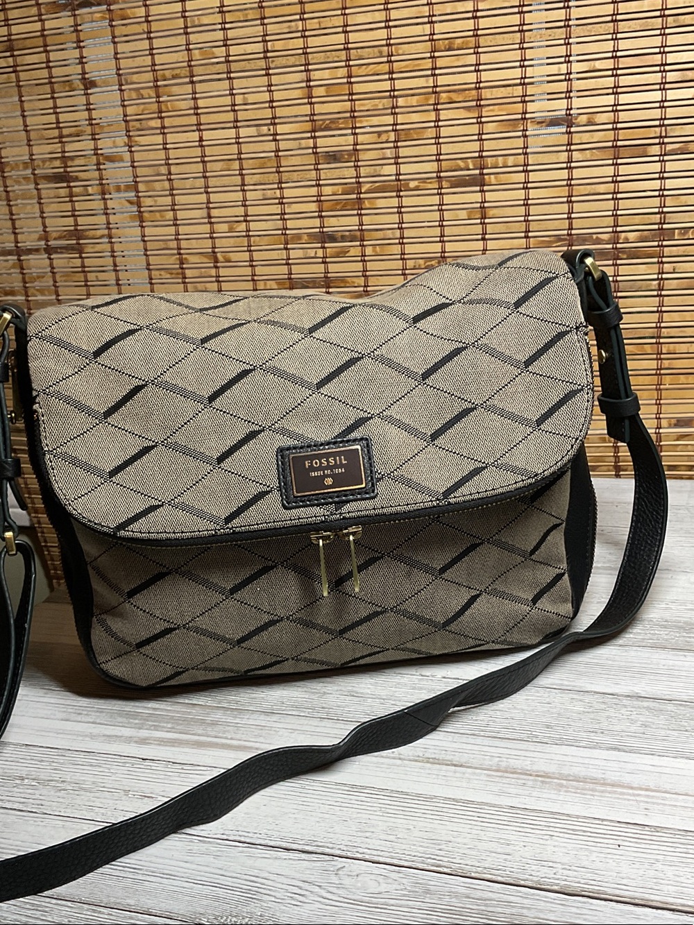 Fossil Crossbody Preston Diamond Jacquard Shoulder Unisex Tech Bag Black Grey